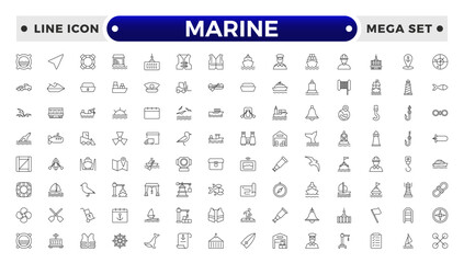 Marine outline icon set .line icons related to marine, port, ship, boat, harbor, crane, pier, wharf, logistic, captain, shipyard.