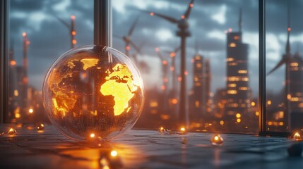 Glowing globe with cityscape and wind turbines in background