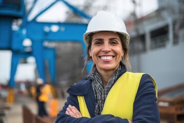Worker in safety gear smiles confidently at construction site with machinery