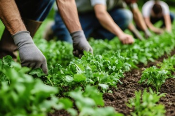 Farmers cultivate fresh greens in a lush garden during the spring season, showcasing teamwork and hard work in agriculture