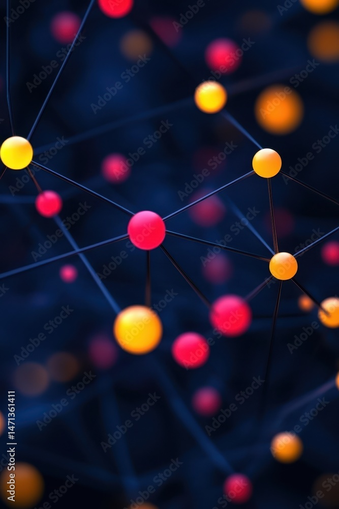 Poster abstract network of connected spheres in red and yellow colors on a dark blue background close up vi