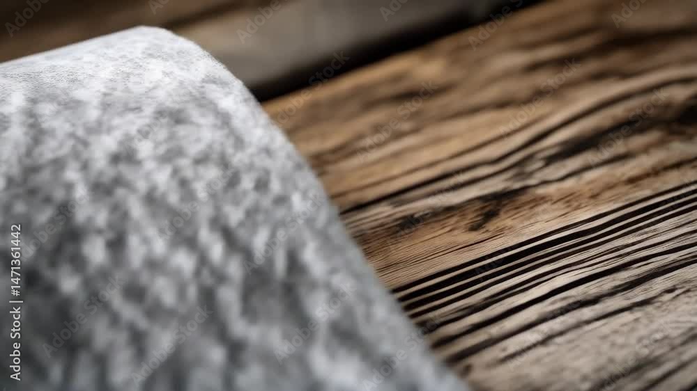 Poster close-up of textured gray and white fabric on a wooden surface with light and shadow interplay, show