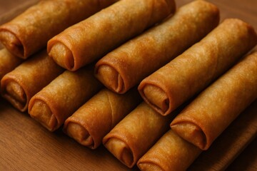 Crispy golden spring rolls stacked.