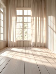 Obraz premium Bright Scandinavian Room Interior with Sunlight Streaming Through Window and Curtains, Minimalist Design, Low Angle