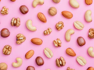 Assorted nuts flat lay on pink background studio shot overhead view healthy snack ingredient almond cashew hazelnut peanut walnut