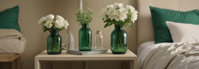 Elegant bottle vase with fresh blooms adorns a beige nightstand beside emerald green bedding ,  room decor,  tabletop photography