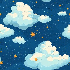 Seamless cartoon sky pattern with pastel clouds, yellow and orange stars, and sparkling dots on a blue background. --tile  