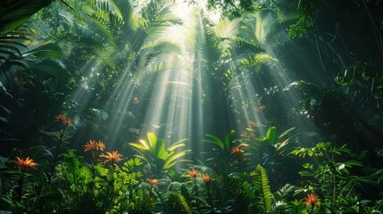 Nature and Plants Sunlight through dense green forest