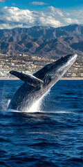 Fototapeta premium Majestic Gray Whale Breaching in Tranquil Ocean at Sunset