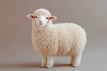 Obraz premium Fluffy white sheep standing on a neutral background showcasing its soft wool and adorable features