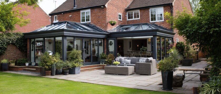 Exterior view of modern conservatory extension with roof lantern and patio furniture in landscaped garden setting