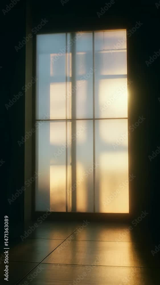 Poster light streaming through a modern window in an empty room, casting patterns on floor, evoking a sense