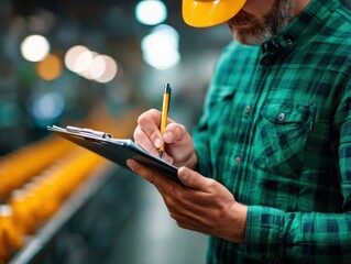 A factory employee in a hard hat making notes during an inspection, checking quality.