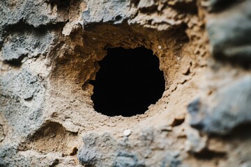 Dark hollow opening in a rough stone wall revealing hidden space within natural rock formation