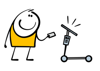 Doodle satisfied stickman rents an electric scooter. Vector illustration of a teenager with cartoon smartphone and an accessible vehicle on the street.