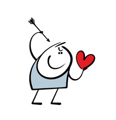 Cunning stickman holds a heart in his hand and pierces it with a sharp arrow. Vector illustration of an insidious cartoon man breaking love.