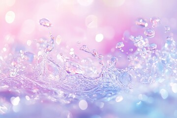 Sparkling water droplets splash, pastel bokeh background