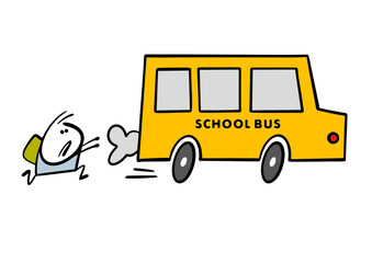 Cartoon unfortunate student quickly runs after the school bus. Vector illustration of a boy with a backpack who missed a transport session and catches up with a car.