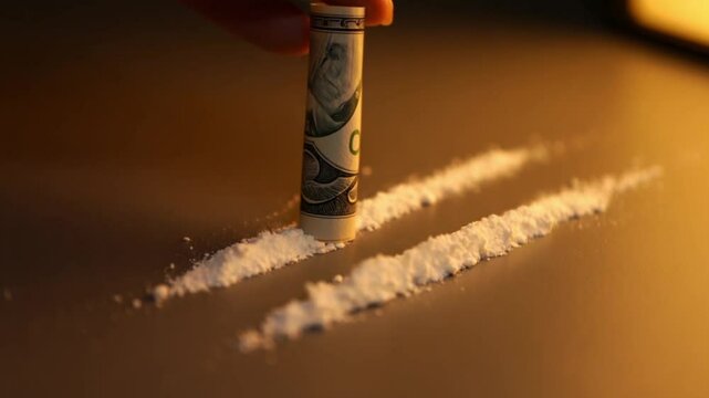 Rolled Bill and Two Lines of White Powder