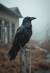 Obraz premium A crow perched on a weathered signpost in a misty abandoned setting