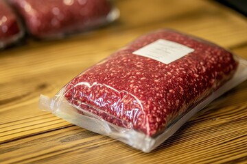 Freshly packed ground beef on a wooden countertop in a market setting