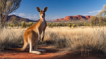 Kangaroo rests in the Australian outback near the stunning red rock formations during golden hour light