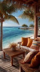 Obraz premium Cozy seaside retreat featuring vibrant cushions and tropical scenery by the water during a sunny day