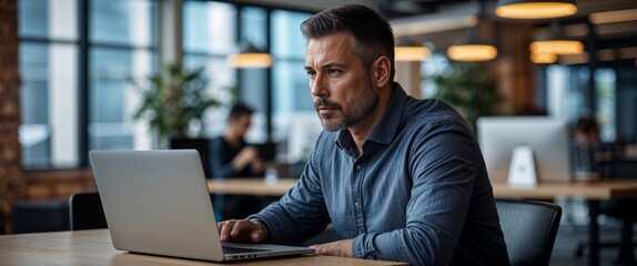 Fototapeta premium Focused adult man holding a laptop on a coworking office background