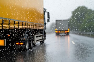 Heavy rain affects truck transport on a highway during a gloomy afternoon with limited visibility