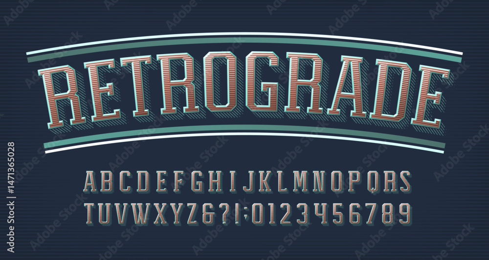 Poster retrograde alphabet font. retro slab serif letters and numbers. vector typeface for your typography 