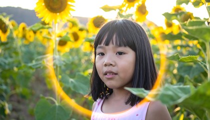 Fototapeta premium Girl in Sunflower Field at Sunset