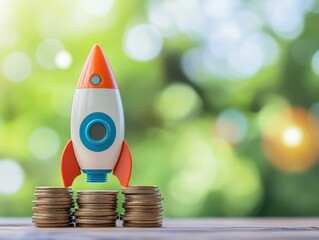Rocket launch on gold coins in outdoor setting symbolizing financial growth and investment success with bright bokeh background
