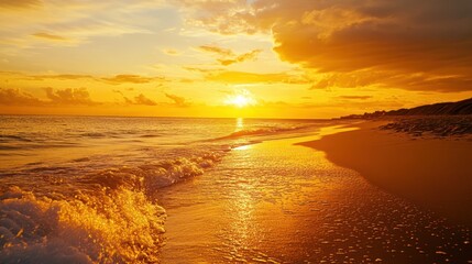 Golden sunset over a tranquil beach scene.