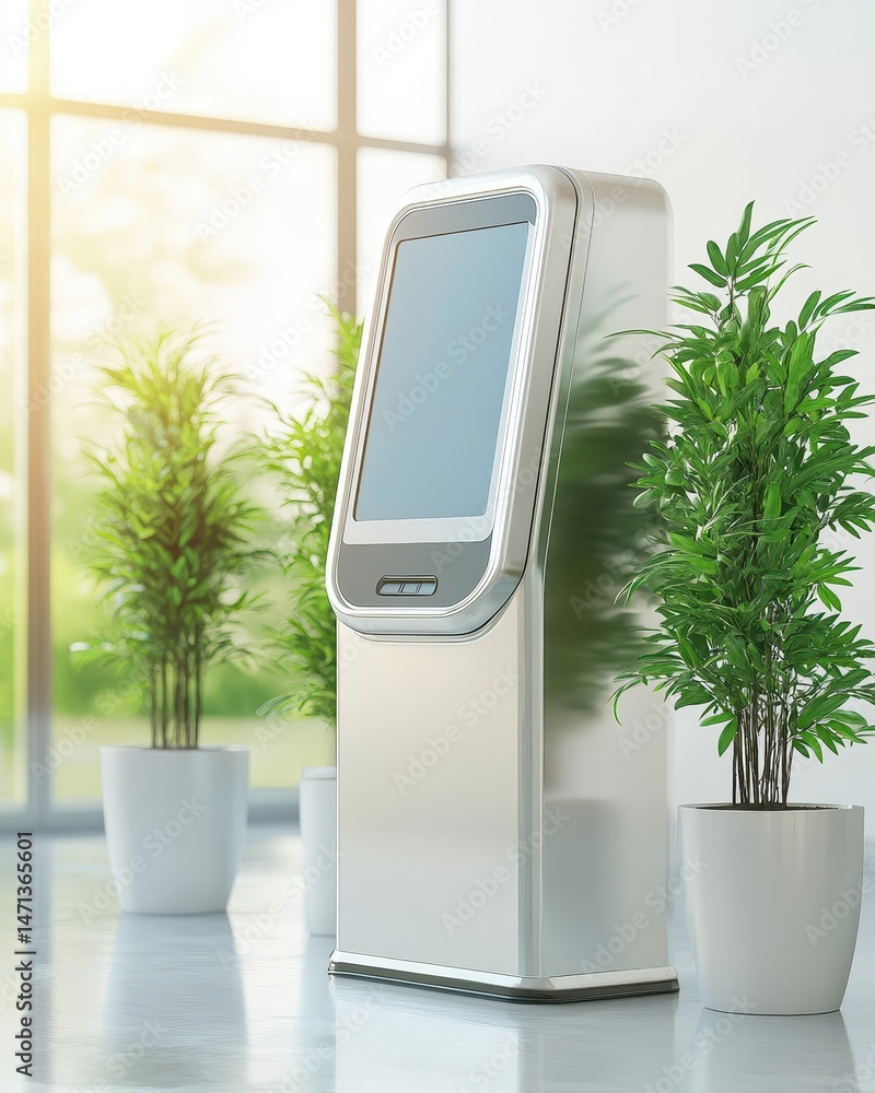 Poster modern kiosk display in bright lobby setting close up view with potted plants and natural light for 