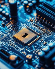 Macro Shot of Computer Motherboard with Central Processing Unit CPU and Electronic Components in Blue Tones