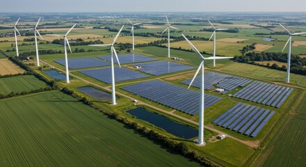 Fototapeta premium Aerial view of a sustainable energy farm. Solar panels and wind turbines cover a rural landscape