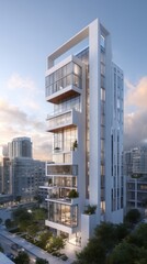 Fototapeta premium Modern luxury condo building at dusk wide angle shot in urban setting with city skyline and trees