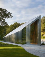 Obraz premium Modern metal building exterior daytime view in rural landscape with green grass and gravel path