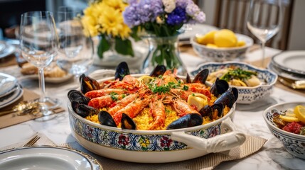 Vibrant Seafood Paella with Saffron Infused Rice on Elegant Table