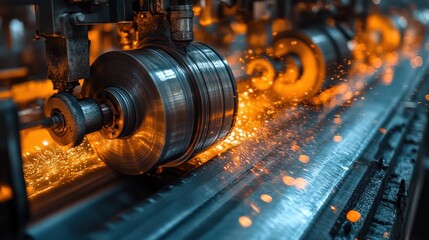 Fototapeta premium Industrial machinery producing sparks in factory environment