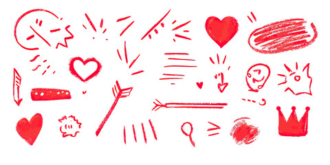 Hand drawn red sketch icons set including hearts, arrows, scribbles, underline marks, crown, speech bubble, and emphasis strokes for creative design elements and highlights vector illustration