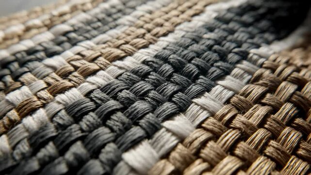 Close-up texture shot of woven cotton or hemp rug in neutral browns, grays, and whites forming an abstract pattern