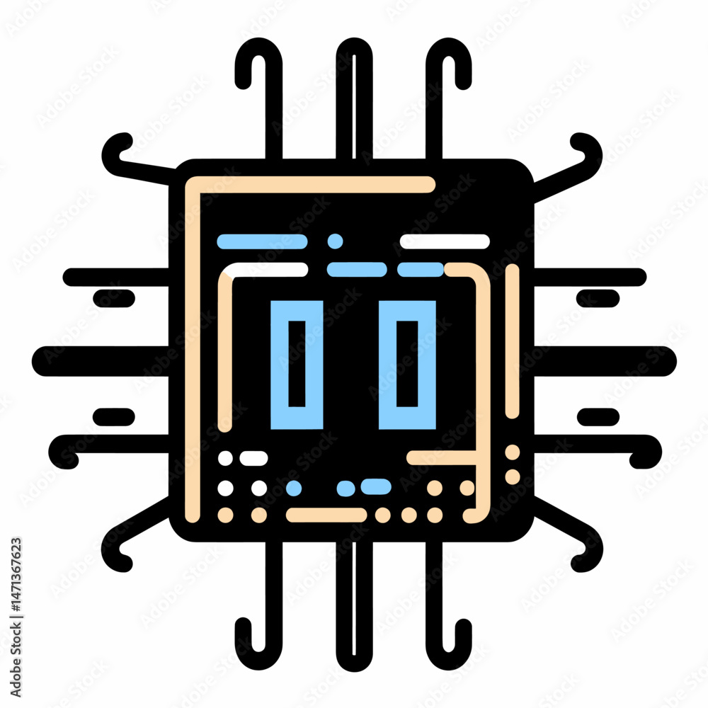Poster flat minimalist vector illustration of ai microchip with digital circuits and electronic connections