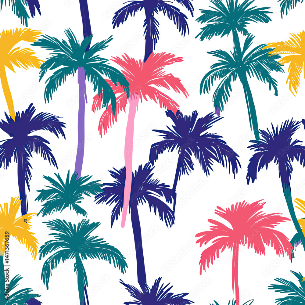 Poster seamless colorful pattern of stylized tropical palm trees in flat minimalist vector style on white b