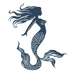 Elegant silhouette of graceful mermaid with flowing hair and detailed fish scales aquatic fantasy mythical sea creature vector illustration