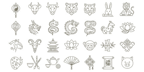 Chinese Zodiac Animals and Cultural Icons Line Art Collection	