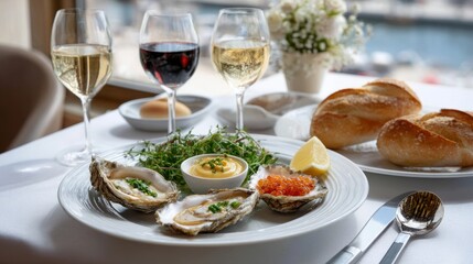 Gourmet Seafood Platter with Oysters, Wine Glasses, and Fresh Breads
