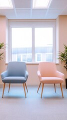 Fototapeta premium Two pastel chairs in modern office setting near window indoor studio shot furniture arrangement