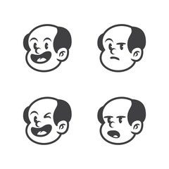 Cartoon vector of bald man face with four emotional expressions: angry, sad, furious, and worried. Perfect for emoji icons, reaction illustrations, character design, or comic projects