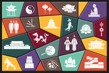 Chinese culture, art and historical heritage. Flat glyph icon. Traditional Chinese costume pagoda, architecture, medicine, lanterns, food, Buddha statue, terracotta army
